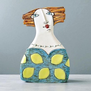 Handmade Ceramic Wall Art – Bold Lady with Lemons – Whimsical  Figurative Tile