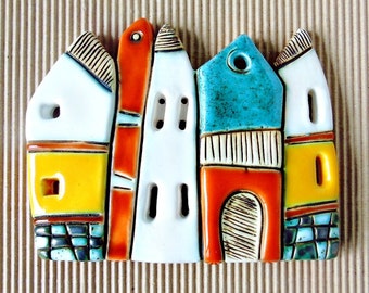 Ceramic wall tile ,Ceramic sculpture , Home decoration, Wall decoration- "Houses"