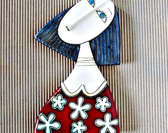 Ceramic figure of girl ,Ceramic art , Handmade ceramic , Home decor, Wall decoration-Girl with red  dress