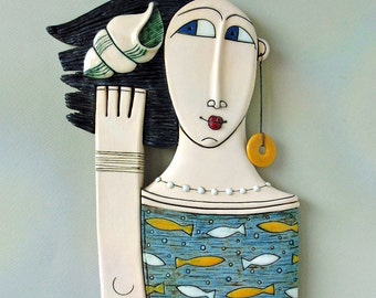 Handmade Ceramics,Fine Art Ceramics,Ceramic Sculpture,Wall art ,Home Decor,Girl with seashell