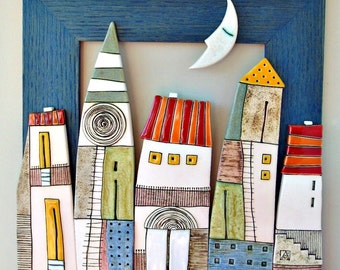 Sleeping moon- Handmade ceramic artwork , in a wooden frame, original decoration for the home