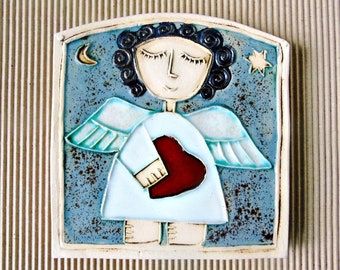 Ceramic wall tile ,Handmade ceramic art, Home decor - "Little Angel with red hearth"