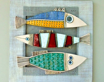 3 fish- Handmade ceramic artwork , in a wooden frame, original decoration for the home