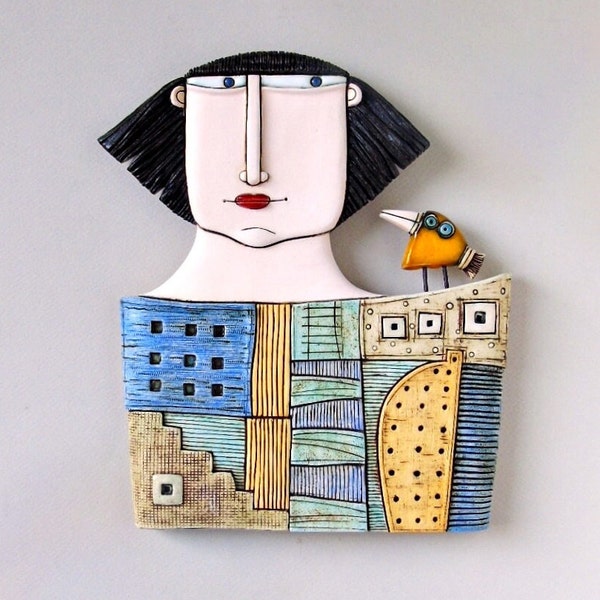 Ceramic sculpture of woman ,Ceramic art ,Home decoration,Wall hanging- Woman-House