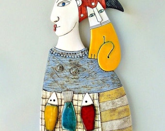 Ceramic art,Ceramic sculpture of woman, home decoration, wall decoration-Woman selling fish