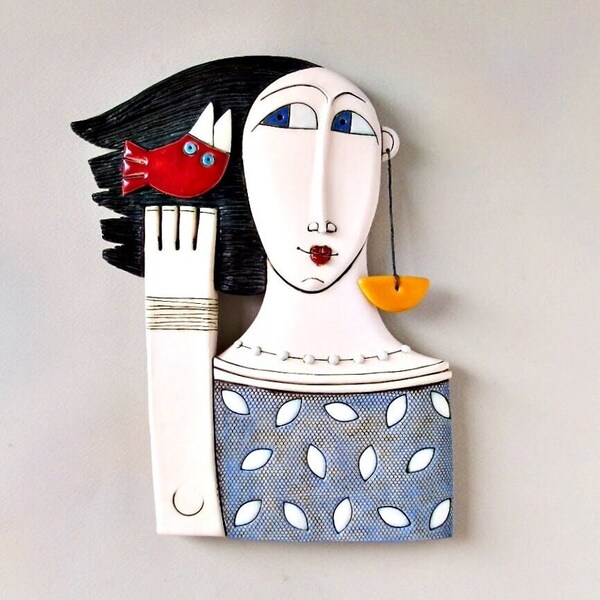 Ceramic sculpture of woman,Ceramic art, Handmade pottery,Home decor,Wall decor-"Lady with red bird"