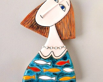 Ceramic figure of girl,Ceramic art, Handmade ceramic ,Home decoration-"Girl with blue dress"