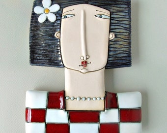 Ceramic figure,Ceramic art,Ceramic sculpture, Handmade ,Home decor,Wall decor-"Little lady"