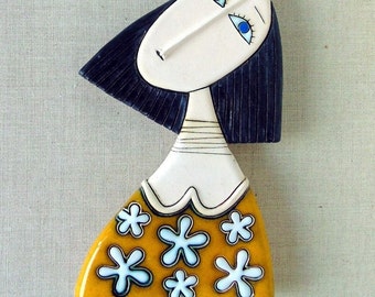 Ceramic art tile,Fine art ceramics,Handmade ceramics,Wall hanging,Home decor-Girl with yellow dress