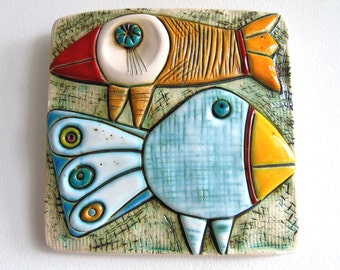 Handmade Ceramic Art Tile,Wall Art,Home Decor-Two birds
