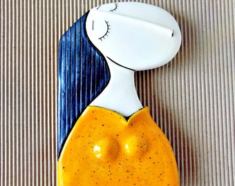 Ceramic art , Ceramic figure, Handmade ceramics, Wall hanging, Home decor- Girl with orange dress