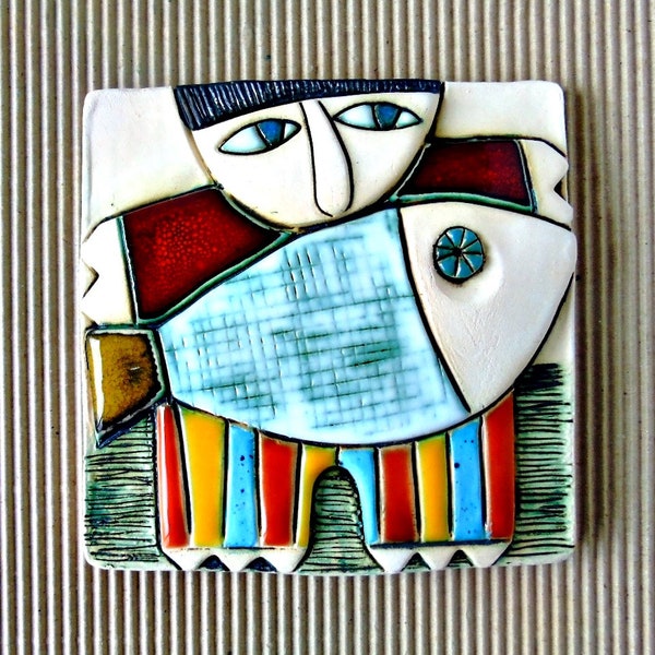 Ceramic art,Ceramic wall tile, Handmade ceramic,Home decoration-"Fisherman "