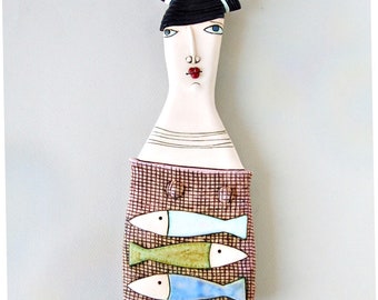 Ceramic figure of woman, Ceramic sculpture ,Home decoration,Wall decoration-"Girl with 3 fish"