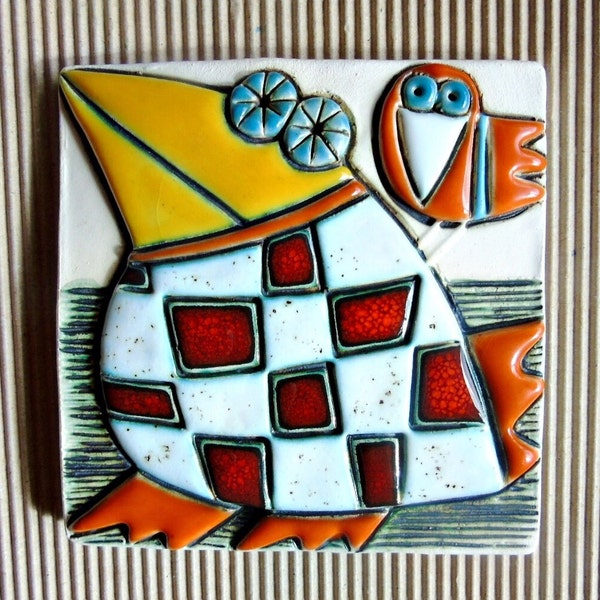 Ceramic Art Tile ,Handmade ceramics,Home Decor,Wall Hanging-Fat Bird