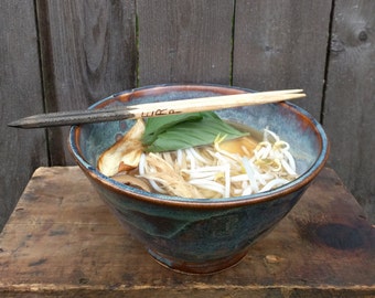 Noodle Bowl, Blue, Green, Purple and Brown,  Handmade Ceramic, Ready to Ship