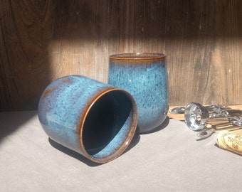 Blue Wine Cup Set of Two, Handmade Ceramic, Ready to Ship