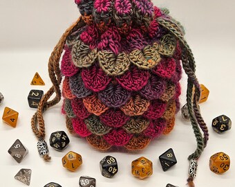 Crochet dragon scale dice bag, small purse with double drawstring closure and crochet inner lining