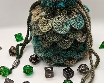 Crochet dragon scale dice bag, small purse with double drawstring closure and crochet inner lining