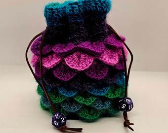 Crochet dragon scale dice bag, small purse with double leather drawstring closure with accent dice and crochet inner lining