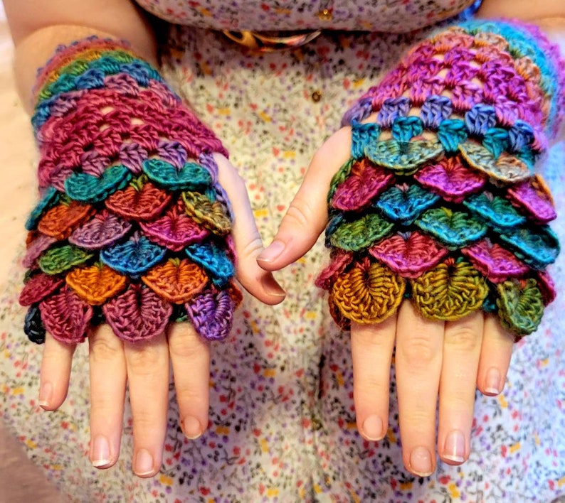 CUSTOM Crochet Dragon/Mermaid/Dragmaid Fingerless Gloves/ arm warmers adult size image 1