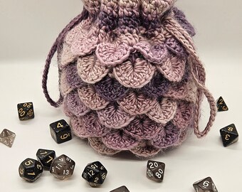 Crochet dragon scale dice bag, small purse with double drawstring closure and crochet inner lining