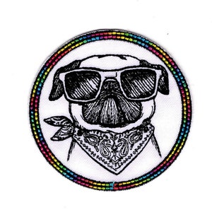 Fun Pug Iron-On Patch – Rainbow Border & Sunglasses – Dog Party Embroidered Badge