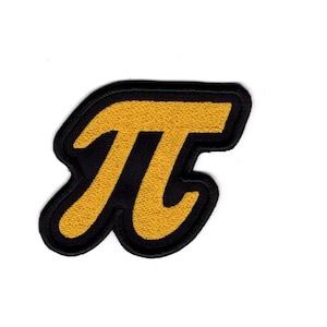 May include: A black and gold embroidered iron-on patch with the mathematical symbol pi.