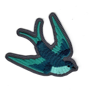 Rockabilly Blue Swallow Patch: Embroidered Bird Iron-On