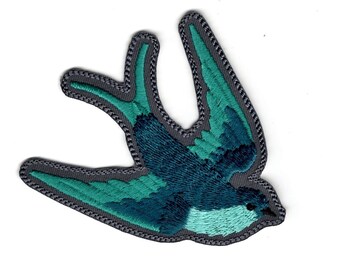 Rockabilly Swallow Patch, Embroidered Blue Bird Iron On Badge (4 Inch)