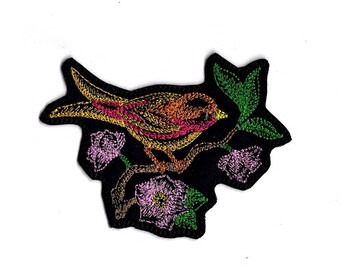 Embroidered Bird on Branch Patch: Iron-On Twill Applique