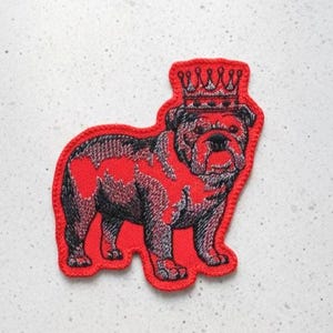 Old English Bulldog Iron On Patch Regal Dog Badge Crown Red Embroidered Applique Gift