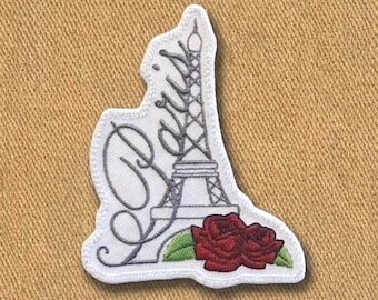 Opstrijkpatch Eiffeltoren - Reissouvenir Parijs Frankrijk - Geborduurde badge van witte keperstof