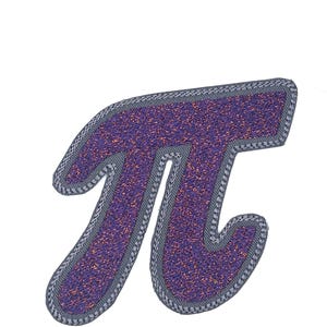 May include: A purple glitter Pi symbol patch with a grey border. The patch is in a cursive font and is isolated on a white background. The Pi symbol is a mathematical symbol.