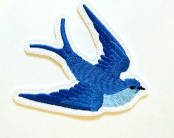 Blue Swallow Bird Patch: Embroidered Iron-On Applique