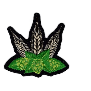 May include: A black embroidered patch with a green hop leaf and three white wheat stalks. The patch is perfect for adding a touch of rustic charm to your projects.