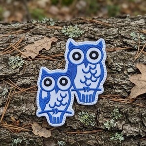 May include: Two blue and white owl patches. The owls are perched on a branch, with large black eyes and white detailing. The patches are embroidered with a white border. The background is a textured brown surface with leaves and moss.