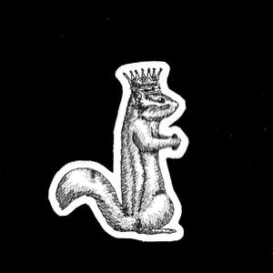 May include: A black and white line drawing of a squirrel wearing a crown. The squirrel is standing on its hind legs with its tail curled behind it.