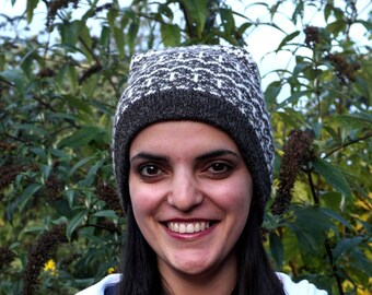 Fair Isle wool hat, traditional pattern, Shetland wool, natural colours, charcoal and white, envelope top, coconut button to finish