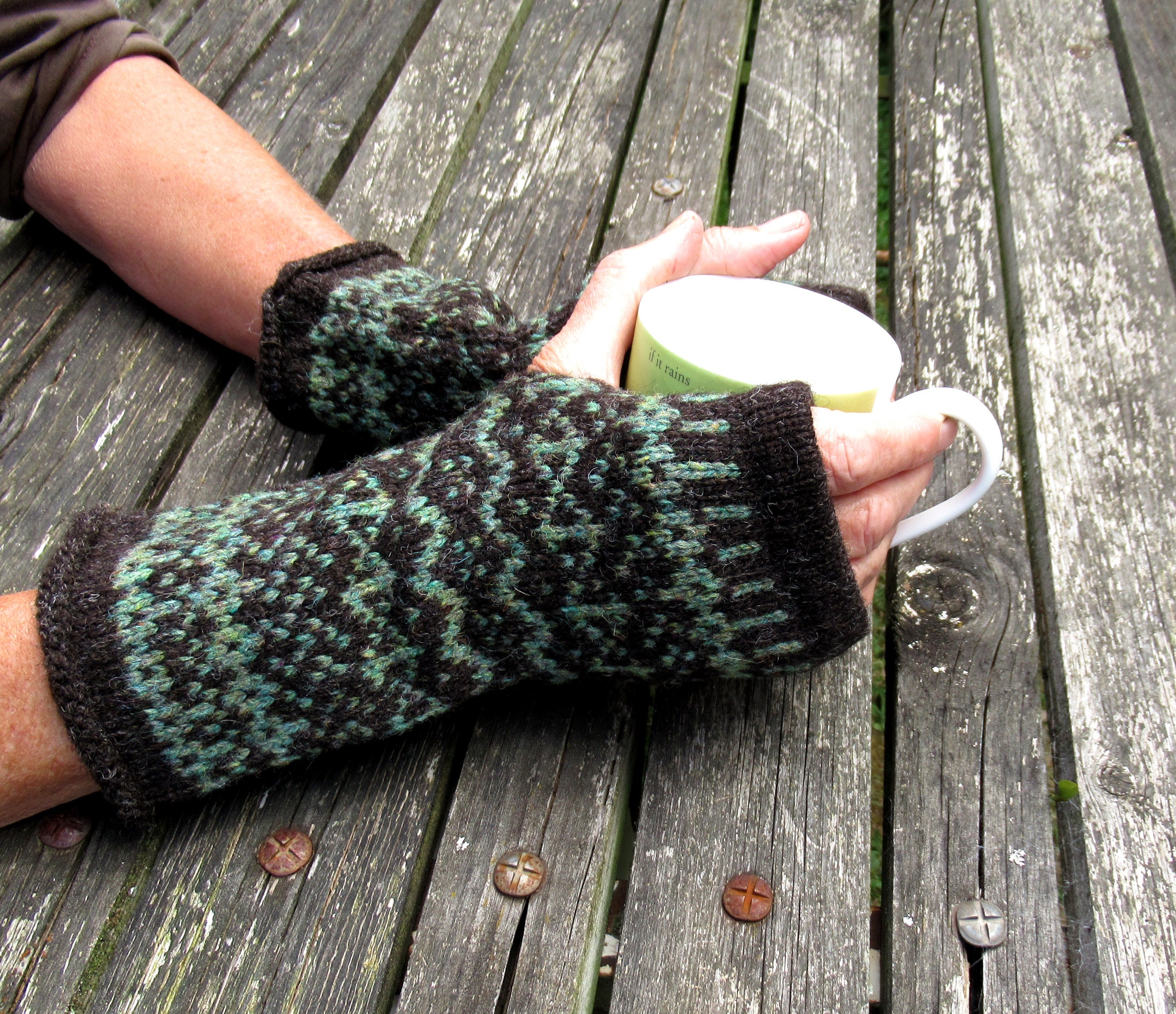 Fair Isle Pattern, Shetland Wool Fingerless Gloves, Mittens, Wristwarmers,  Handmade, Natural Dark Brown and a Subtle Grassy Green 