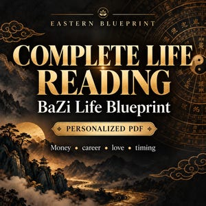 Puede incluir: Un gráfico digital con el texto EASTERN BLUEPRINT, COMPLETE LIFE READING y BaZi Life Blueprint. Incluye una etiqueta de PDF personalizado, las palabras money, career, love, timing y un paisaje con montañas y una brújula.