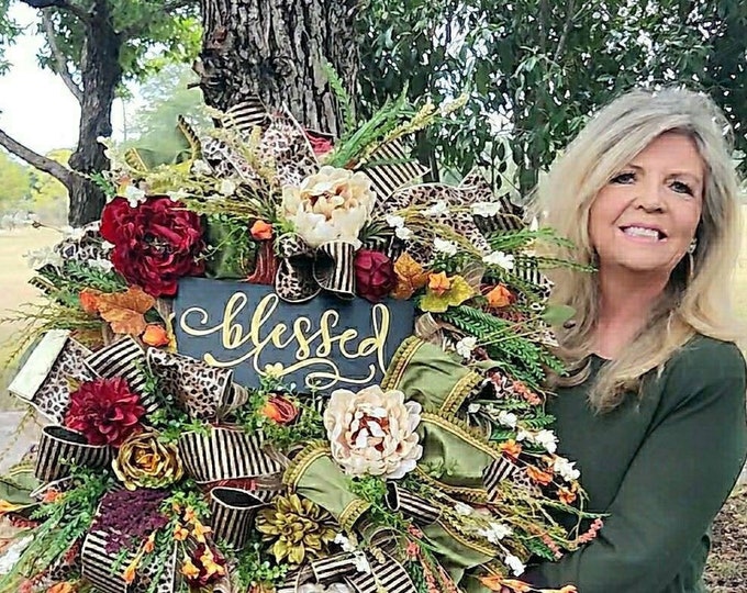 Featured listing image: XL Fall Wreath, Front Door Wreath, Thanksgiving Wreath, Cheetah Floral Wreath, XL Floral Wreath, Blessed Wreath, Fall Decor