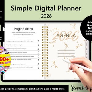 Puede incluir: Un planificador digital para 2026 con el texto "Simple Digital Planner 2026". El planificador incluye 12 meses, 30 portadas y 8 plantillas extra. Cuenta con una sección para páginas adicionales e incluye más de 10.000 pegatinas.