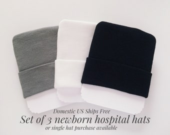 Newborn baby hats boys or girls - gender neutral coming home outfit hats - newborn hospital hat - black and white and grey baby gift set