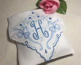 Handmade Lavender Filled Sachet Made from An Antique Handkerchief Something Blue Initial H Hostess Housewarming Gift