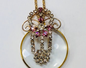 Magnifying Necklace with a Gold Fillled Rhinestone Pendant Brooch