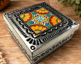 Mexican Punched Tin Jewelry Box w/ Talavera Tile