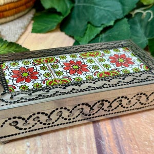 Mexican Punched Tin Jewelry Box w/ Talavera Tile