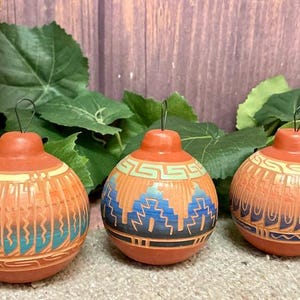 Set of 3 Hand Etched Pottery Ornaments Navajo