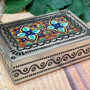 Mexican Punched Tin Jewelry Box w/ Talavera Tile