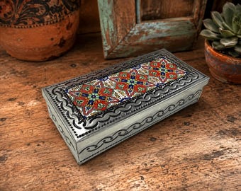 Mexican Punched Tin Jewelry Box w/ Talavera Tile